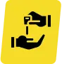 a black icon of hands exchanging keys inside a yellow parallelogram