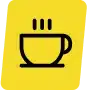 a black coffee icon on a yellow parallelogram